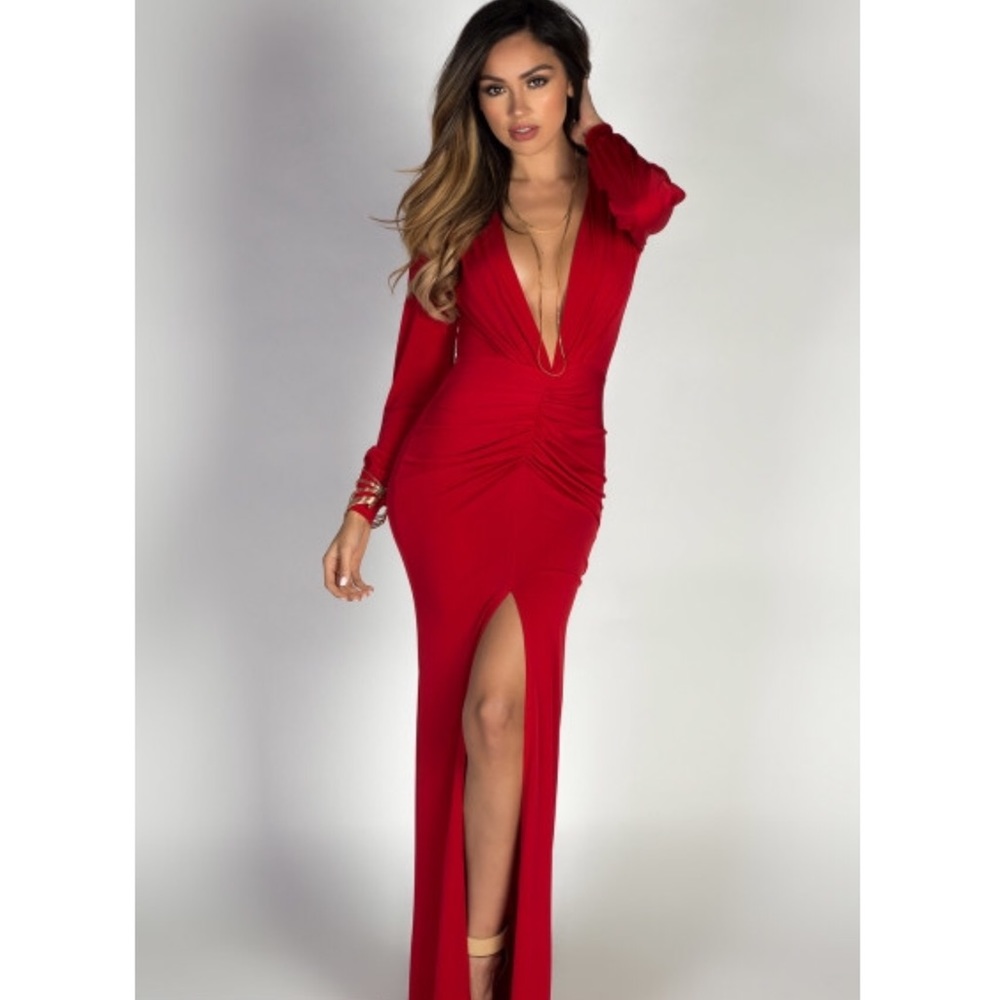 NWOT VALENTINES Red Slinky Deep V Long Dress